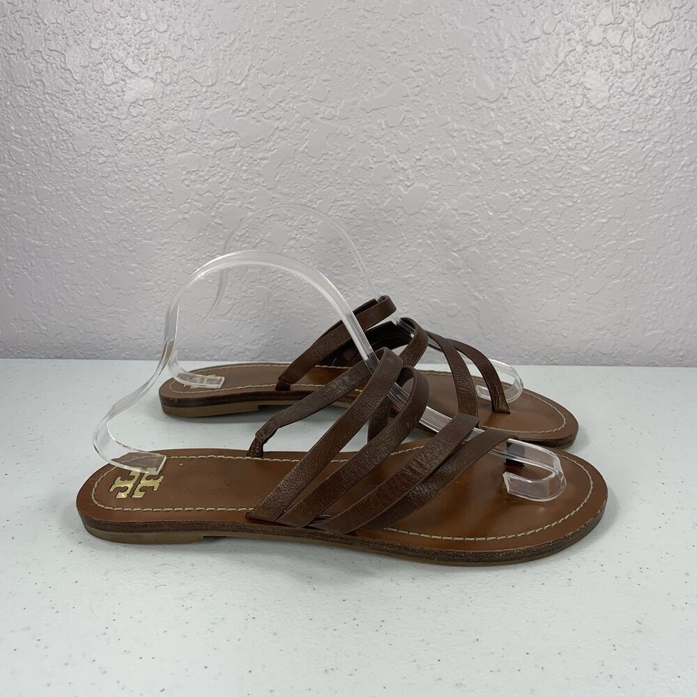 Tory Burch Patos Flat Sandal Womens 11 Brown Leather Thong Strappy